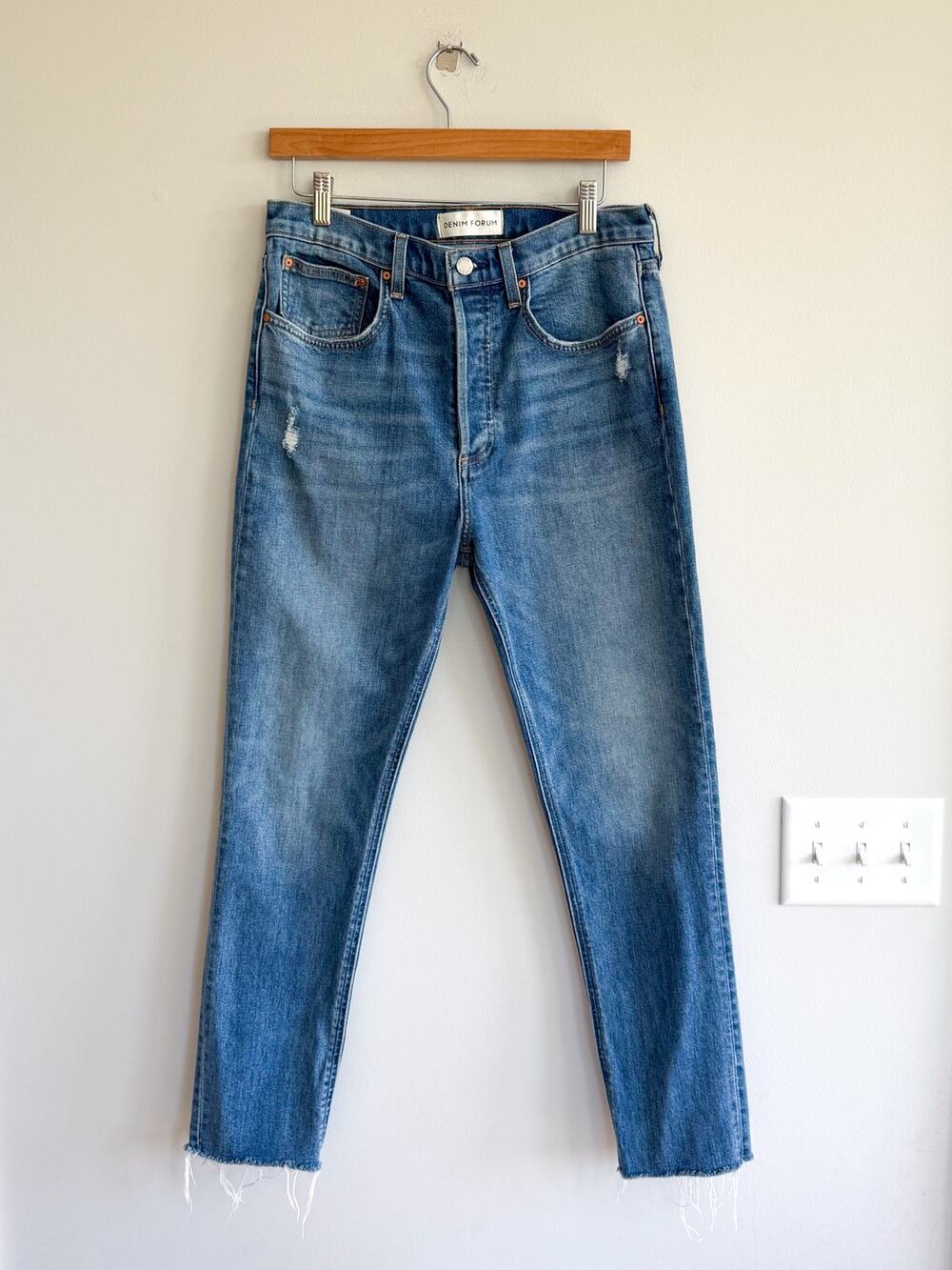 Denim Forum The Yoko High Rise Slim Button Fly Raw Hem Skinny Jeans Blue 30